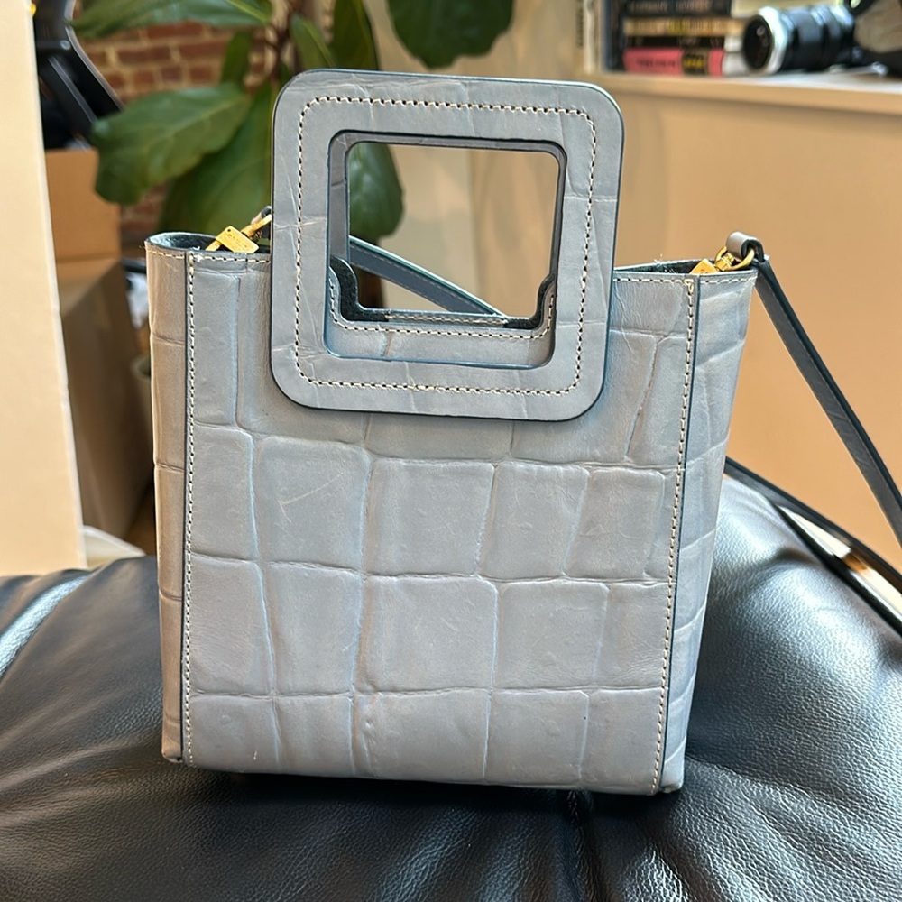 Staud Mini Shirley blue croc embossed leather purse